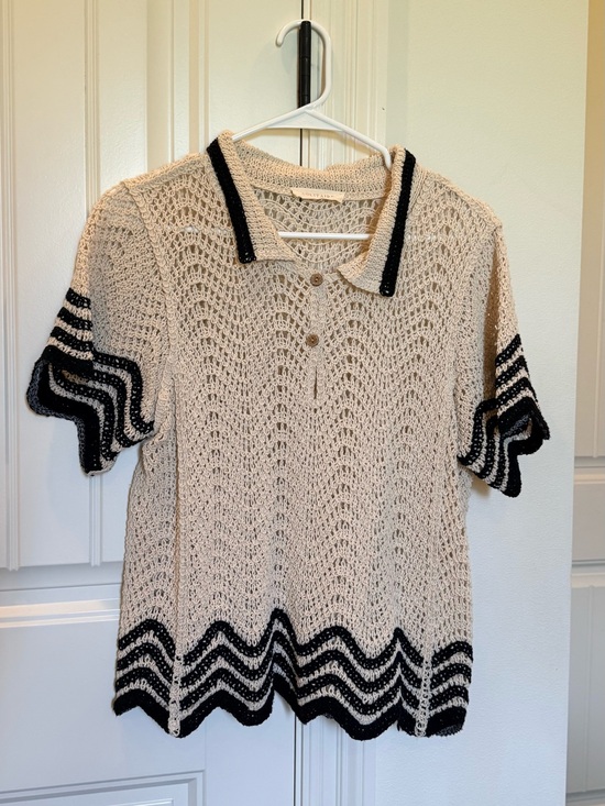 Solitaire Tops - Solitaire Cream Knit Polo Crochet Blouse with Black Trim
